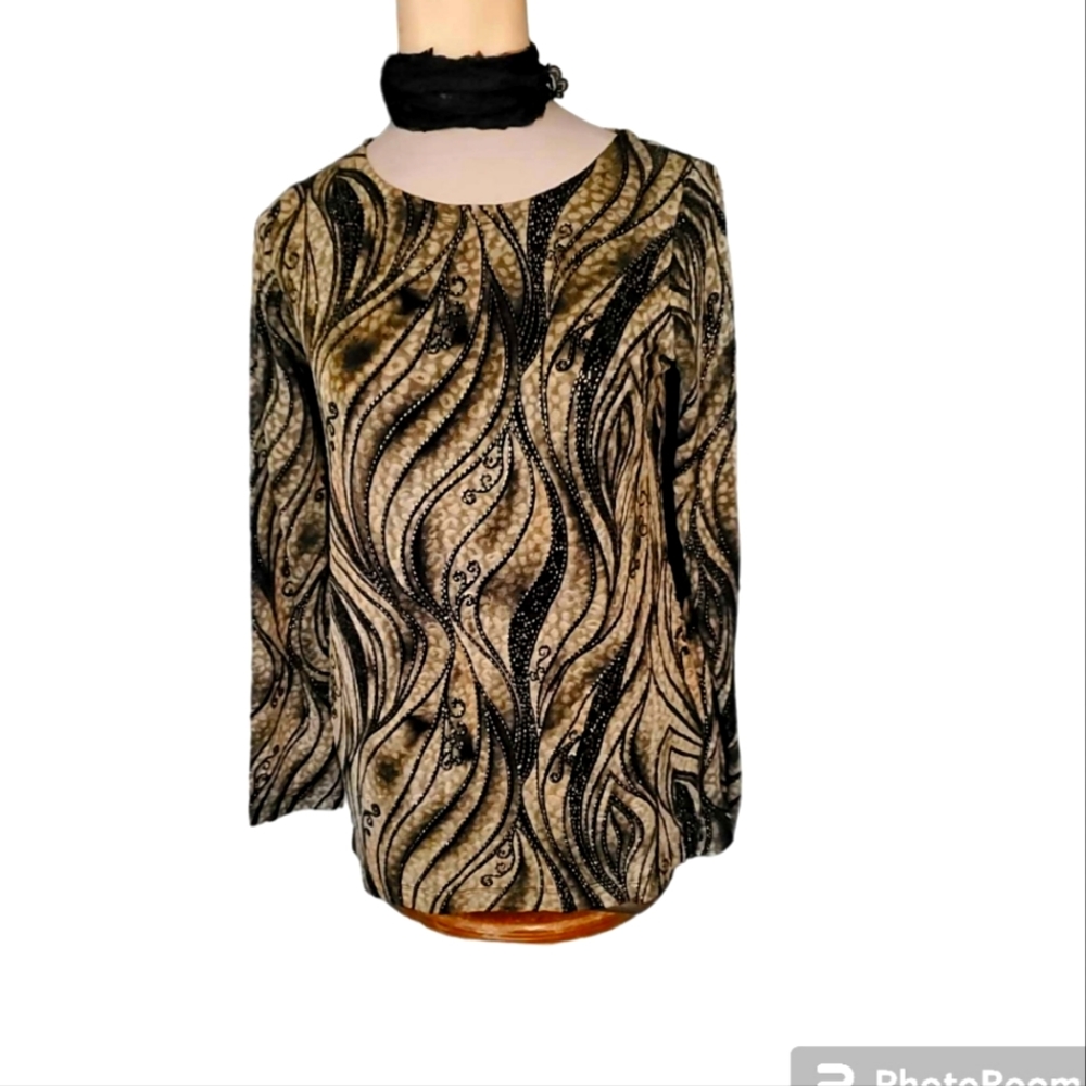 CLOTHES Black Light Brown Gold Sparkling  Long Sleeve Pullover Top Small
